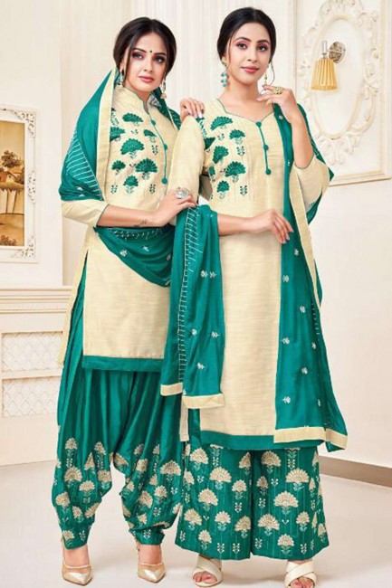 Cream Patiala Salwar Patiala Suit in Silk with Cotton