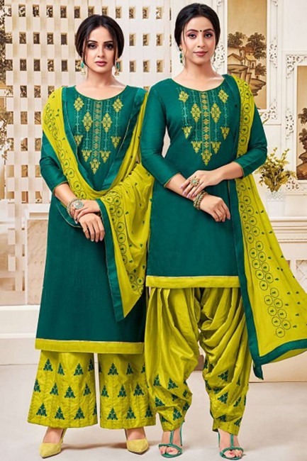 Green Cotton Silk Patiala Suit