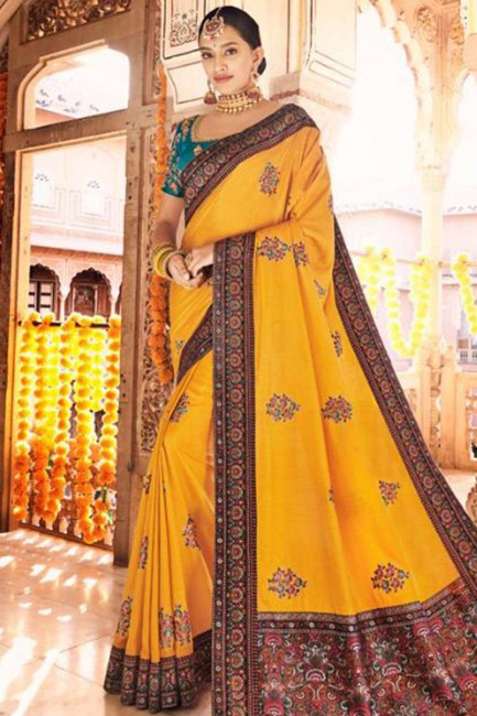 Silk South Indian Saree in Mustard  with Weaving