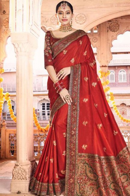 Red Silk Weaving South Indian Saree with Blouse