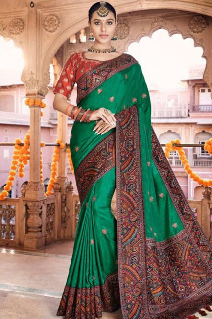 Silk Green South Indian Saree in Weaving