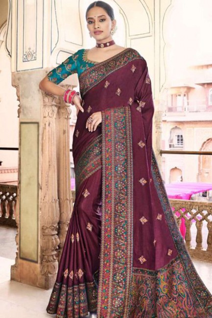 Weaving Silk South Indian Saree in Wine with Blouse