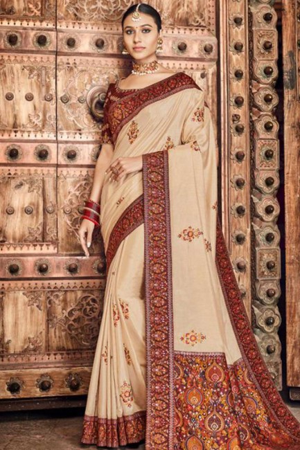 Silk Cream South Indian Saree in Weaving