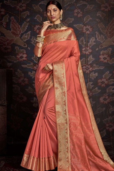 Peach Saree with Weaving Silk