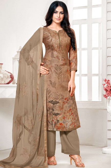 Brown Palazzo Suit in Cotton Silk