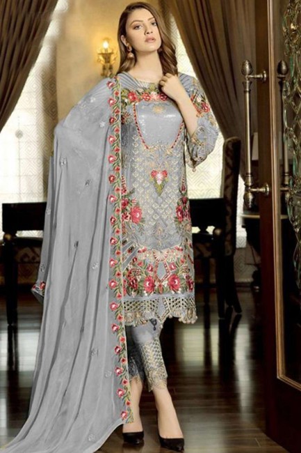 Faux Georgette Faux Georgette Straight Pant Suit in Off White with dupatta