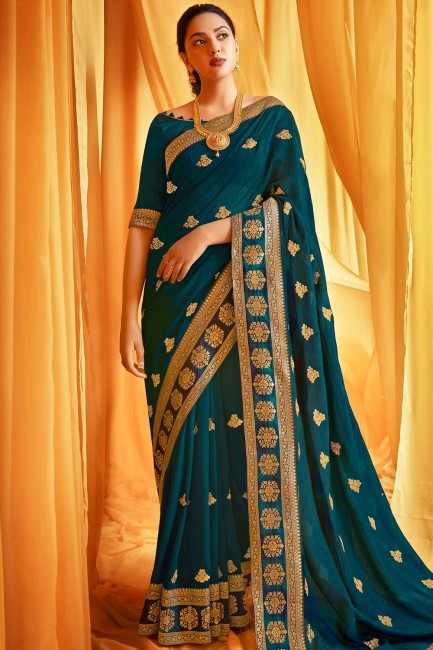 Teal Blue Silk Embroidered Saree with Blouse