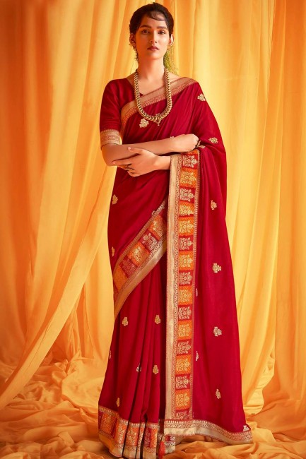 Elegant Red Saree in Silk with Embroidered