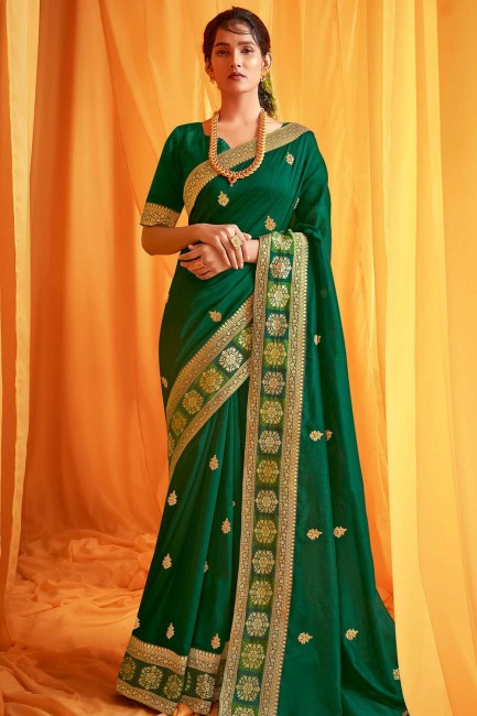 New Embroidered Silk Green Saree Blouse