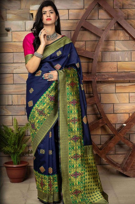 Dark Blue Banarasi Saree with Weaving Raw Silk