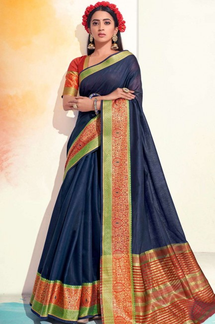 Cotton Saree in Navy Blue with Weaving