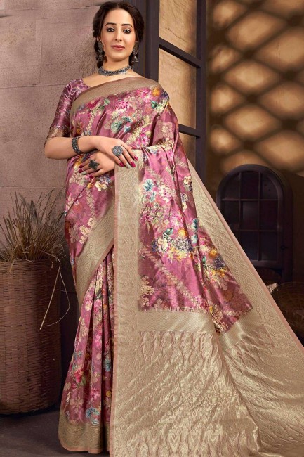 Silk Printed Pink South Indian Saree with Blouse