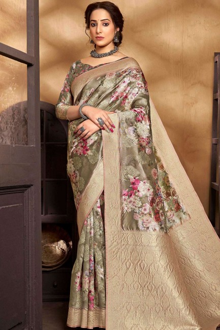 Sea Green South Indian Saree with Printed Silk