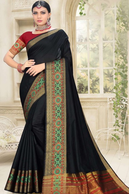 Cotton & Silk Saree in Black with Weaving