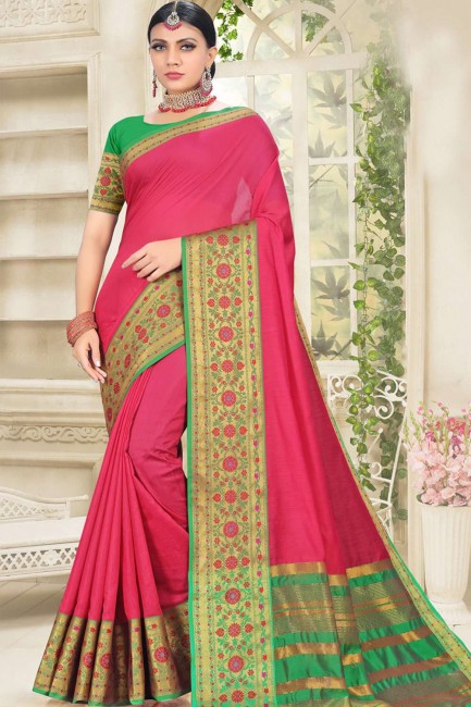 Saree in Pink Cotton & Silk with Weaving