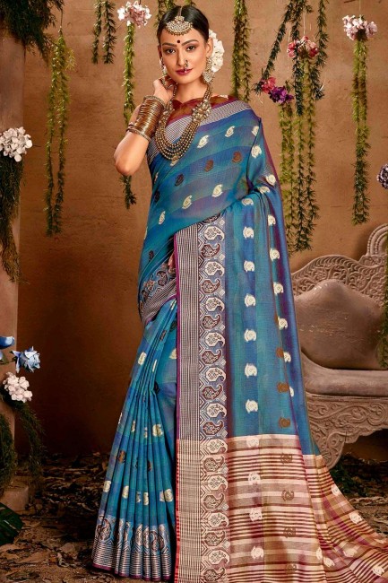 Blue Cotton Weaving South Indian Saree with Blouse