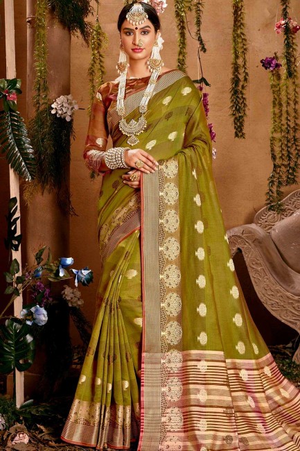 Green South Indian Saree in Weaving Cotton