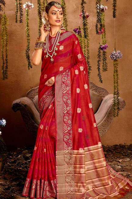 South Indian Saree in Red Cotton with Weaving