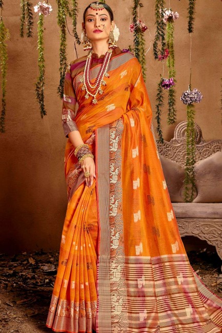 Orange South Indian Saree with Weaving Cotton