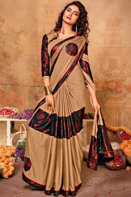 Lycra Saree in Beige with Printed