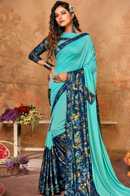 Saree in Sky Blue Lycra with Printed