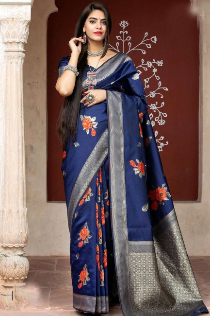 Blue South Indian Saree in Weaving Silk
