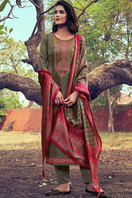 Khakhi Green Silk Straight Pant Suit with Silk