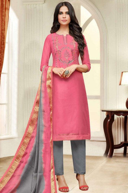 Silk Straight Pant Suit in Pink Silk