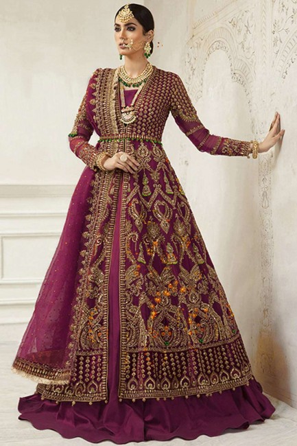 Net Churidar Anarkali Suit in Wine Purple Net