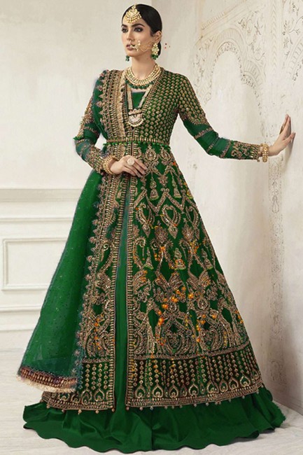 Net Green Anarkali Suit in Net