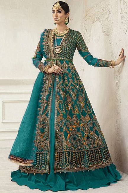 Net Anarkali Suit in Rama Green
