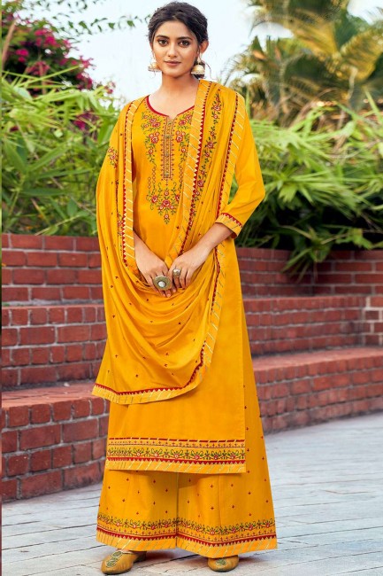 Silk Palazzo Suit in Mustard Yellow with Cotton