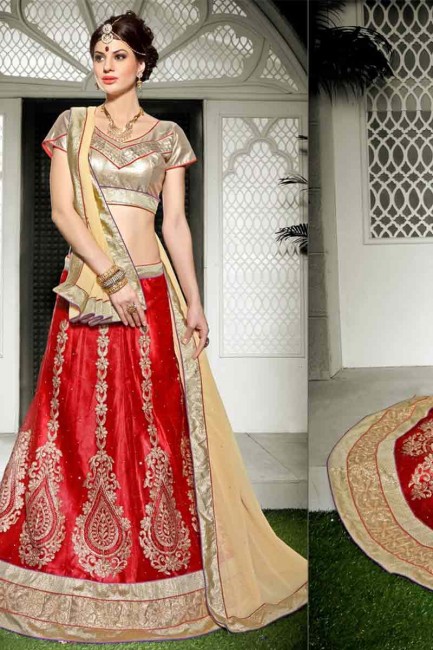 Fascinating Red color Net semi stitched Lehenga