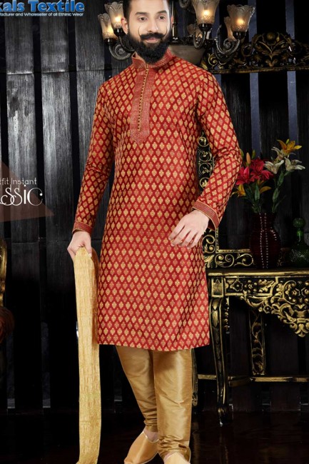 Impressive Marron Art Dupion Printed Ethnic Wear Kurta Kurta Pajama