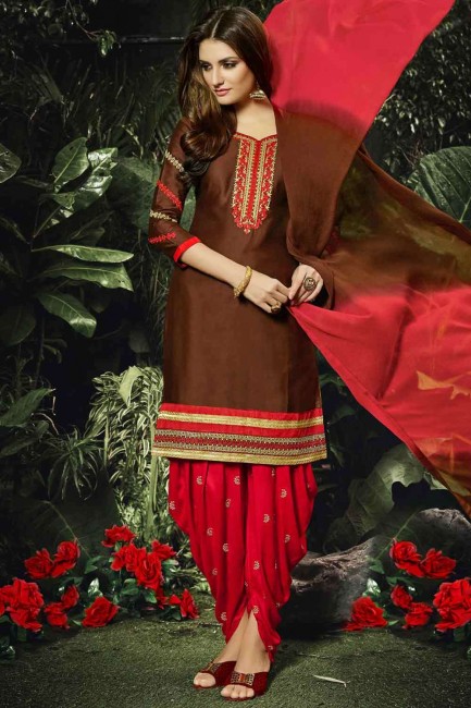 Brown Embroidered Patiala Suit in Cotton and satin