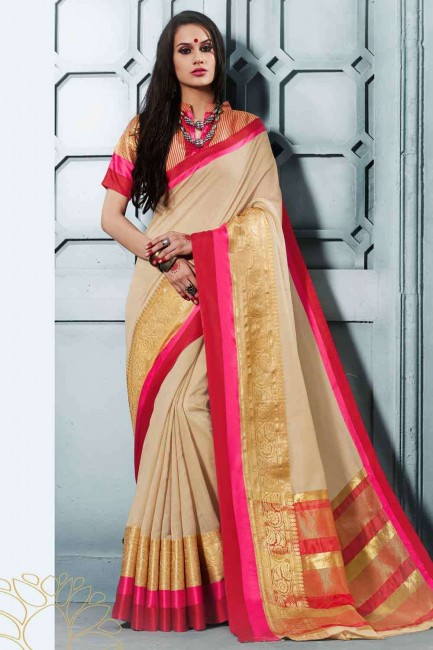 Cotton and silk  Beige Saree with Blouse