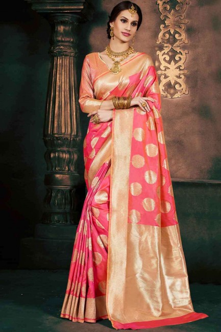 Stylish Banarasi raw silk Pink Saree with Blouse