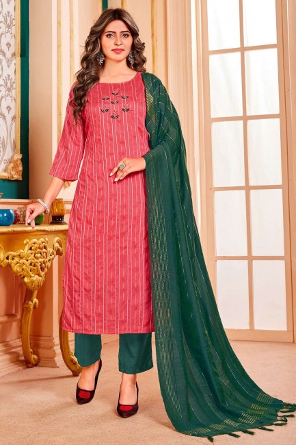 Cotton and handloom silk Eid Salwar Kameez with Hand in Redish pink