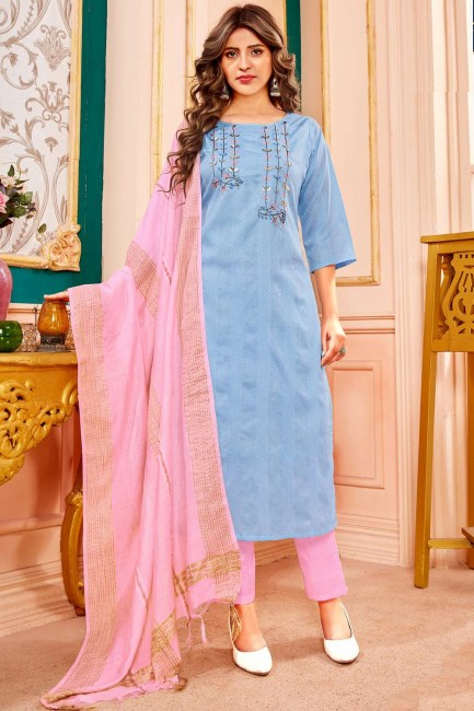 Sky blue Cotton and handloom silk Hand Eid Salwar Kameez with Dupatta