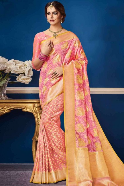 Pink  Banarasi raw silk Saree