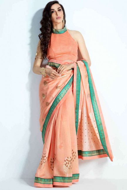 Peach Saree in Printed Handloom silk