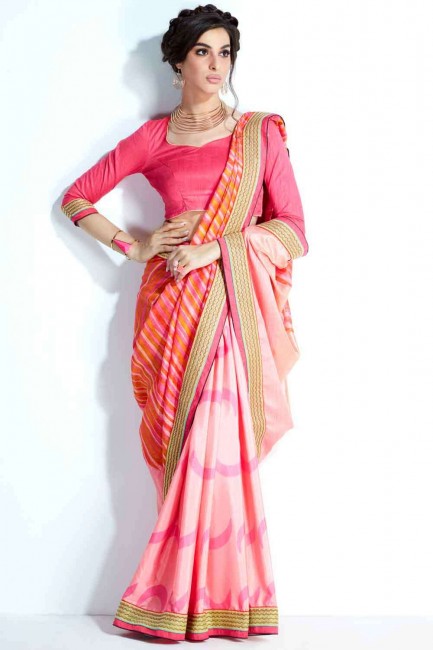 Printed Saree Handloom silk in Pink