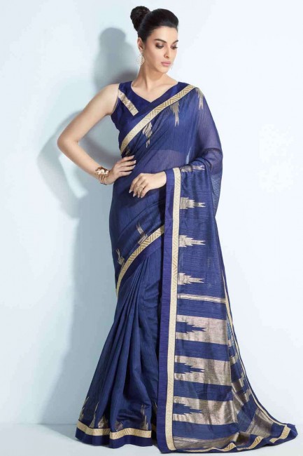 Handloom silk Printed Blue Saree with Blouse