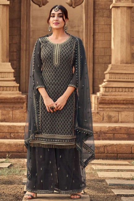 Dark grey Eid Palazzo Suit in Georgette with Embroidered