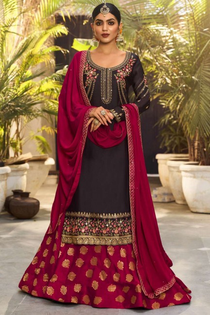 Georgette and satin Stone with moti Dark brown Eid Sharara Suit with Dupatta