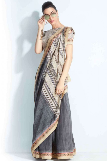 Handloom silk Grey Saree in Printed