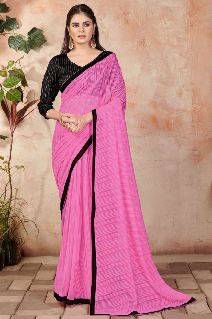 Lycra Saree with  in Pink