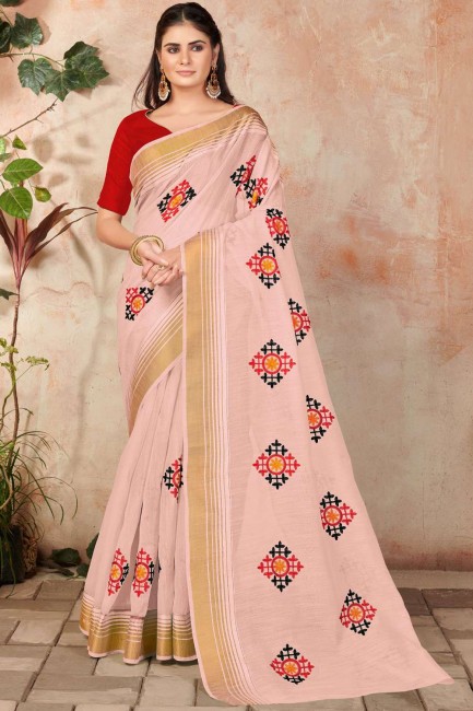 Embroidered Cotton Saree in Pink,peach