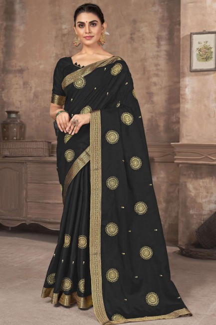 Black Saree in Silk with Printed