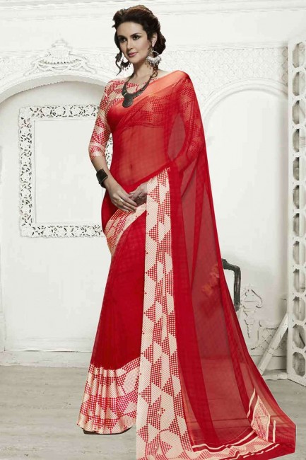 Saree Georgette with Printed in Red